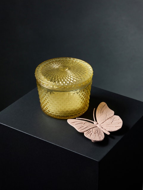 single home candle with lid  - A warm-textured yellow glass jar with a fitted lid creates an immediate glow-perfect as a home candle gift for birthdays, housewarmings, or a just-because surprise. The arrangement reads modern and refined: the amber-yellow jar catches light softly while a pale pink butterfly ornament adds a delicate, feminine accent against the matte black display-an elegant way to say you're thinking of them.  The candle arrives in a glass jar with a snug lid, presented in a sleek display box with a removable butterfly decoration for tabletop display. Colors are sunny yellow, soft pink, and deep black for a striking contrast that suits contemporary or cozy interiors. Sized for gifting and easy placement, this piece makes the recipient feel cared for and seen-order as a thoughtful housewarming, thank-you, or birthday present; lid on keeps fragrance fresh between uses.