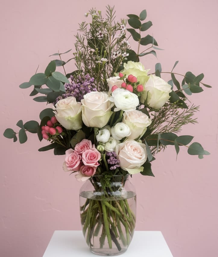 Storybook Bouquet - A soft, garden-style bouquet that reads like a page from a romance novel-pale pink and ivory roses paired with delicate white ranunculus and clusters of small purple filler flowers create a gentle, romantic mood perfect for an anniversary bouquet, wedding centerpiece, or a just-because surprise. Tall eucalyptus and fine-textured greenery lift the composition into a loose, airy silhouette so the person you're thinking of will feel both cherished and seen.  Arranged in a clear glass vase that reveals stems and water for a fresh, hand-tied look, this arrangement balances full, layered blooms at the center with foliage that extends outward for natural movement. Colors include soft pink, lavender, white and hints of green; flowers are roses and ranunculus-style blooms with mixed seasonal accents. It's equally appropriate for birthdays, housewarmings, Mother's Day, sympathy or funeral expressions, Valentine's Day, or simply to say "thinking of you."  Available in a keeps-it-simple presentation that arrives ready to display-ideal for spring gifting but lovely year-round. For best longevity, keep the vase topped with fresh water and away from direct heat; if you'd like help matching a size or delivery date for a wedding or sympathy order, we're happy to assist.