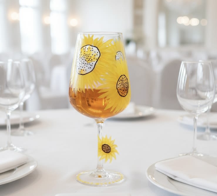 hand-painted sunflower glass - Hand-painted sunflowers dance around a clear stemmed wine glass, making it a cheerful choice for a summer party or a birthday table setting. As a floral-themed gift or hostess present, this wine glass brings the warmth of yellow and orange sunflower petals into the moment and reads as both casual and quietly elegant for celebrations or alfresco dinners.  The glass features bright yellow sunflower motifs with dotted centers that wrap around the bowl and continue onto the stem, accented by touches of white for contrast. Its clear bowl and stem keep the design light and festive while fitting easily into a formal white table setting or a relaxed gathering-perfect for someone who loves sunny, botanical accents.  Give this as a thoughtful token to the person you're celebrating, whether it's for a housewarming, birthday, or just to say you're thinking of them; it's the kind of gift that will make them smile every time they reach for a glass. Hand wash recommended to preserve the painted detail and keep the bright colors looking fresh.
