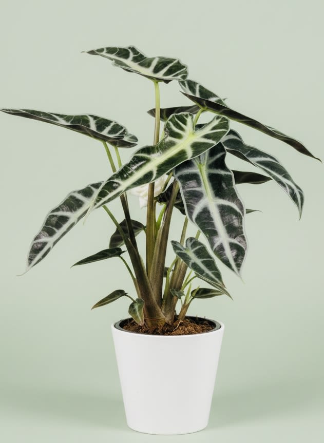 Alocasia plant (African Mask) (*complimentary bunch of sunflowers included) - Bold, sculptural foliage makes this Alocasia (African Mask) an unforgettable housewarming or "just because" gift that reads modern and refined. As a potted plant arrangement for home decor or a thank-you present, its dramatic, arrow-shaped leaves with striking white veining on deep green and near-black surfaces create an immediate visual impact that will make the recipient feel truly seen and celebrated.  The plant arrives potted upright in a smooth white planter with quality potting soil-clean, contemporary contrast that highlights the Alocasia's architectural form. Leaves are elongated and glossy with crisp white veins that lend a graphic, almost sculptural look; the compact, upright habit fits on tabletops, shelves, or entry consoles without overwhelming the space.  Perfect for someone who favors low-fuss, design-forward greenery, this living gift brings long-lasting presence rather than a fleeting bouquet. Recommend bright, indirect light and occasional watering to keep the soil evenly moist but not waterlogged; available in a single size designed to ship ready to display in its white planter.