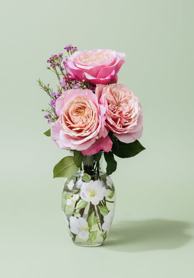 Painted Peonies Vase with blooms - Three large pink roses take center stage in this painted peonies vase arrangement, making it an ideal birthday bouquet, anniversary flowers, or a thoughtful "thinking of you" gift. The compact, upright composition reads romantic and gentle-perfect for the person you want to make feel cherished without being over the top. (* Peonies are used instead of garden peony roses when available seasonally)  The trio of layered-petal roses is accented with small purple filler blooms and delicate white painted details on the clear glass vase, creating a soft pink, lavender, and white palette that feels fresh and feminine. Flowers are clustered tightly above the vase for a neat, gallery-ready silhouette that fits on a bedside table or small dining centerpiece. Arrives in a clear glass vase; care is simple-change water every other day and trim stems as needed to keep blooms looking their best.