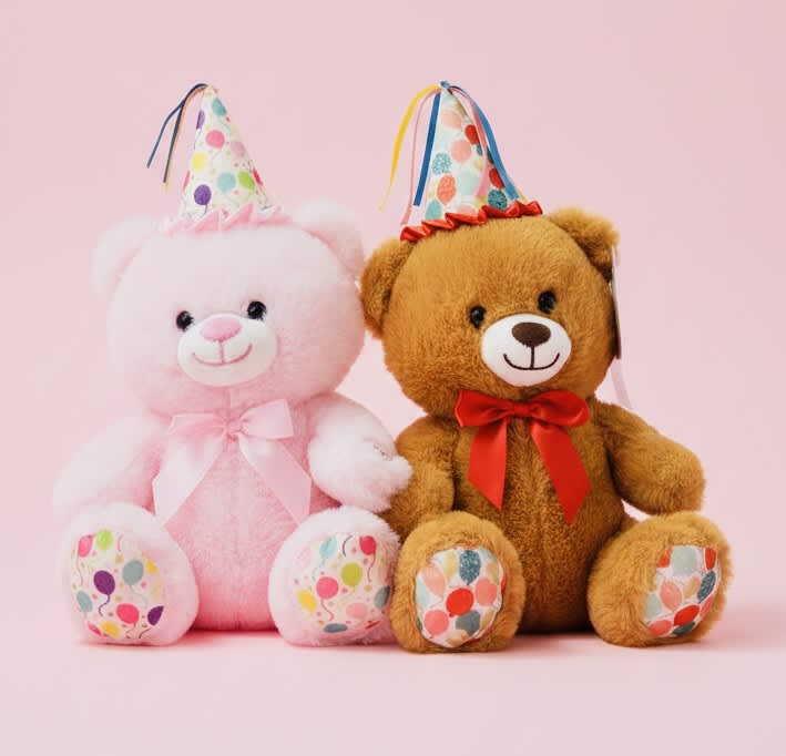 Two plush teddy bears wearing party hats and bows on a pink background