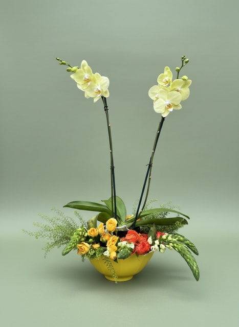Yellow orchids and mixed flowers arranged in a yellow bowl vase
