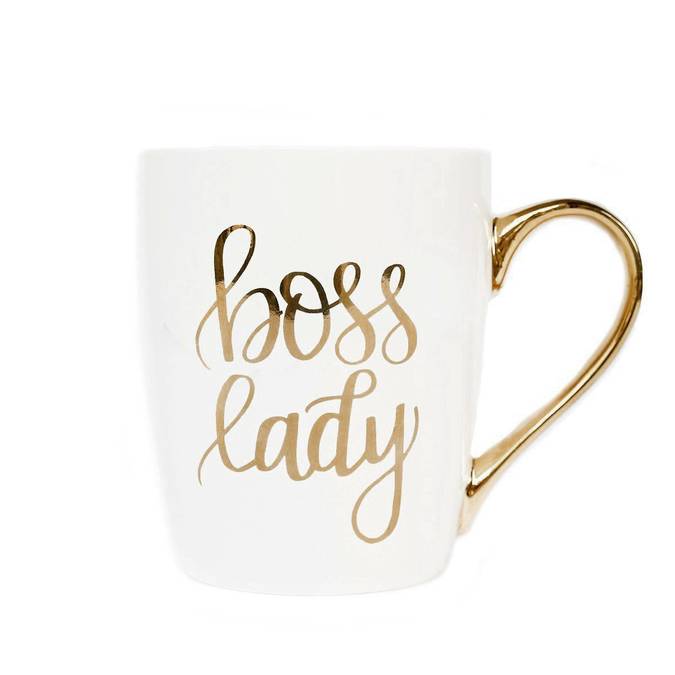 White mug with gold handle and "boss lady" text