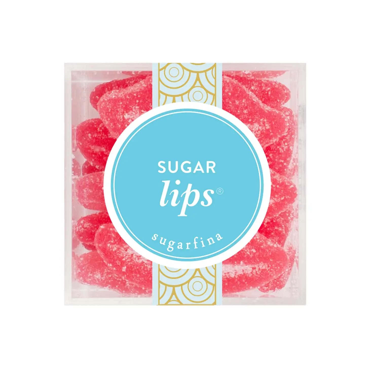 Box of pink sugar-coated gummy candies with a blue label