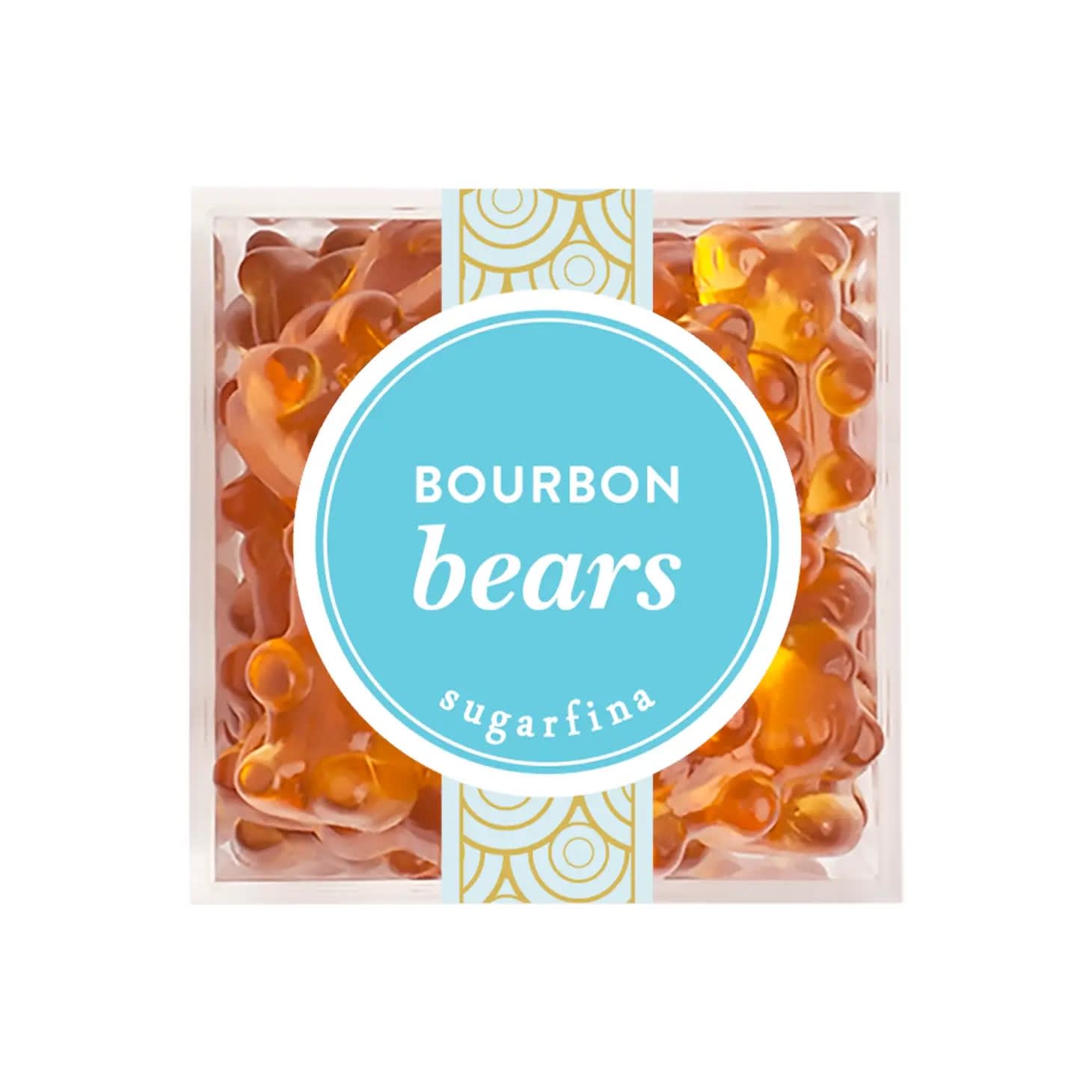 Package of bourbon gummy bears in a clear box