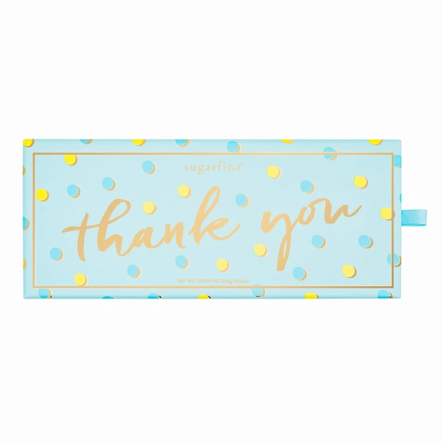Blue thank-you gift box with yellow and blue polka dots