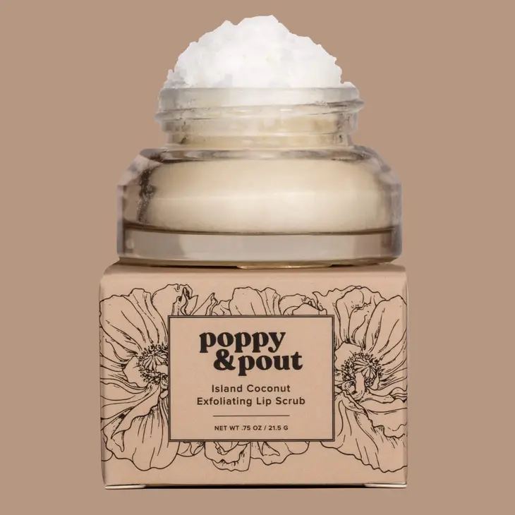 Jar of Poppy &amp; Pout coconut lip scrub with floral label