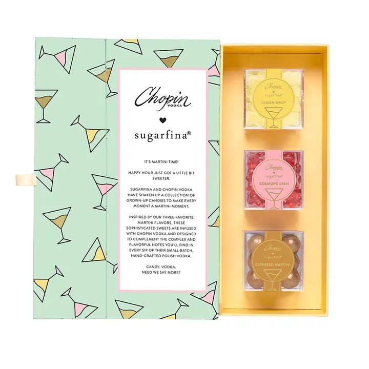 Gift box with three candy cubes in a martini-themed package