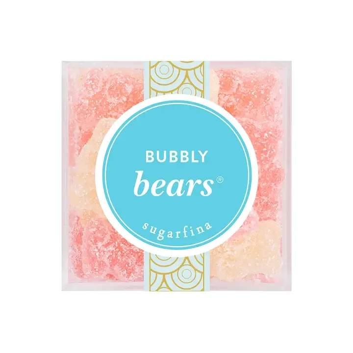 Box of pink and peach gummy bears with a blue label