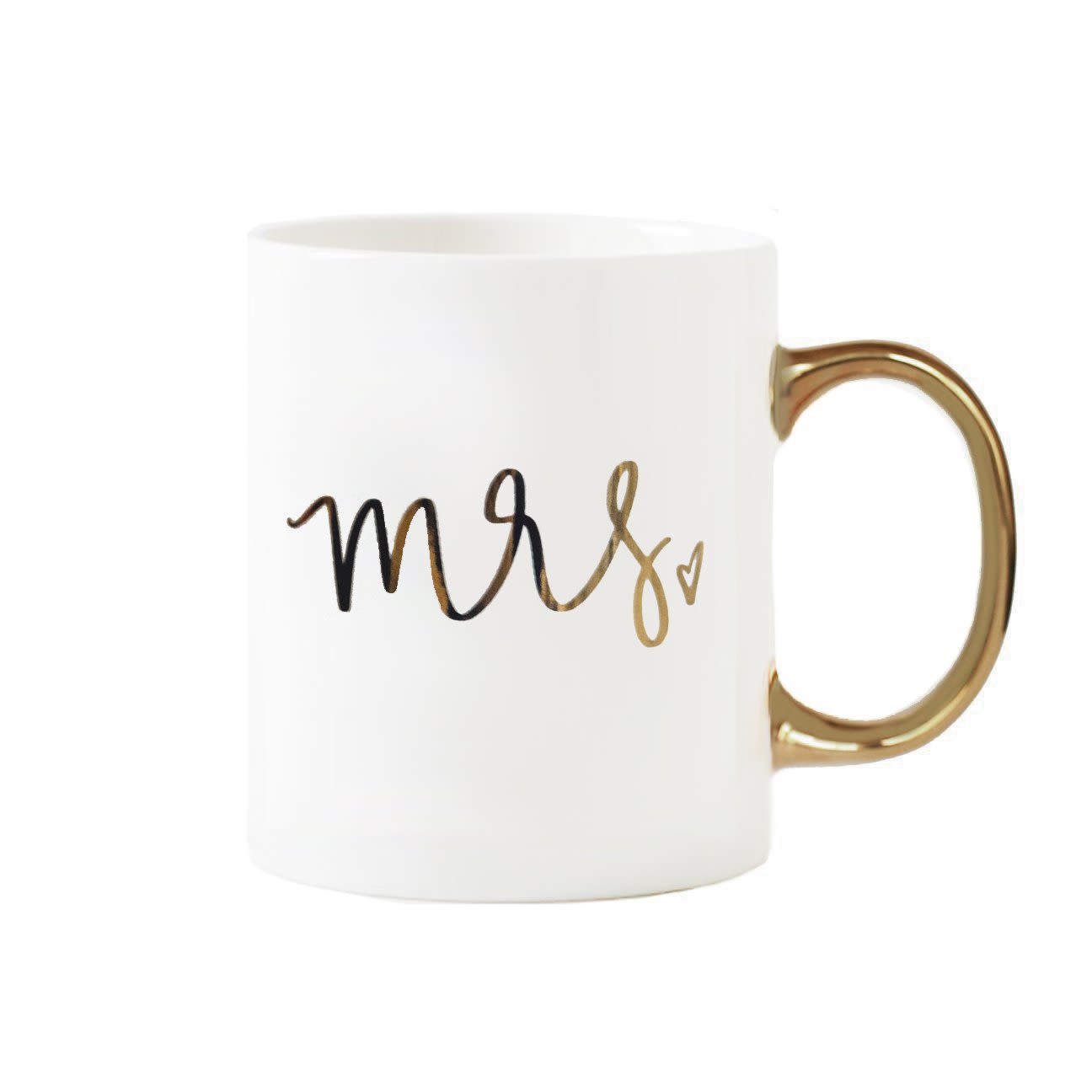 White mug with gold handle and "mrs" lettering