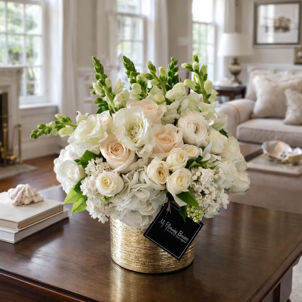 Uptown Girl  - This stunning bouquet would make a wonderful addition to any home or office. The bright white roses provide a beautiful contrast against the golden vase, and the vibrant combination of flowers gives the arrangement an eye-catching depth. Whether you’re looking to brighten someone’s day or to show your appreciation, Uptown Girl will show them how special they are.   This is a one sided arrangement