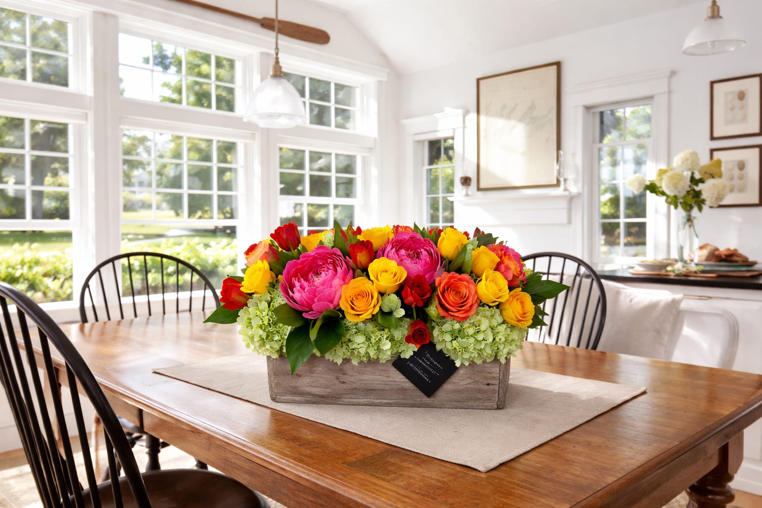 Bright mixed flower arrangement in a wooden box on a dining table