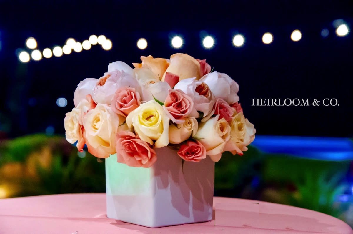 Pink and cream roses arranged in a white square vase