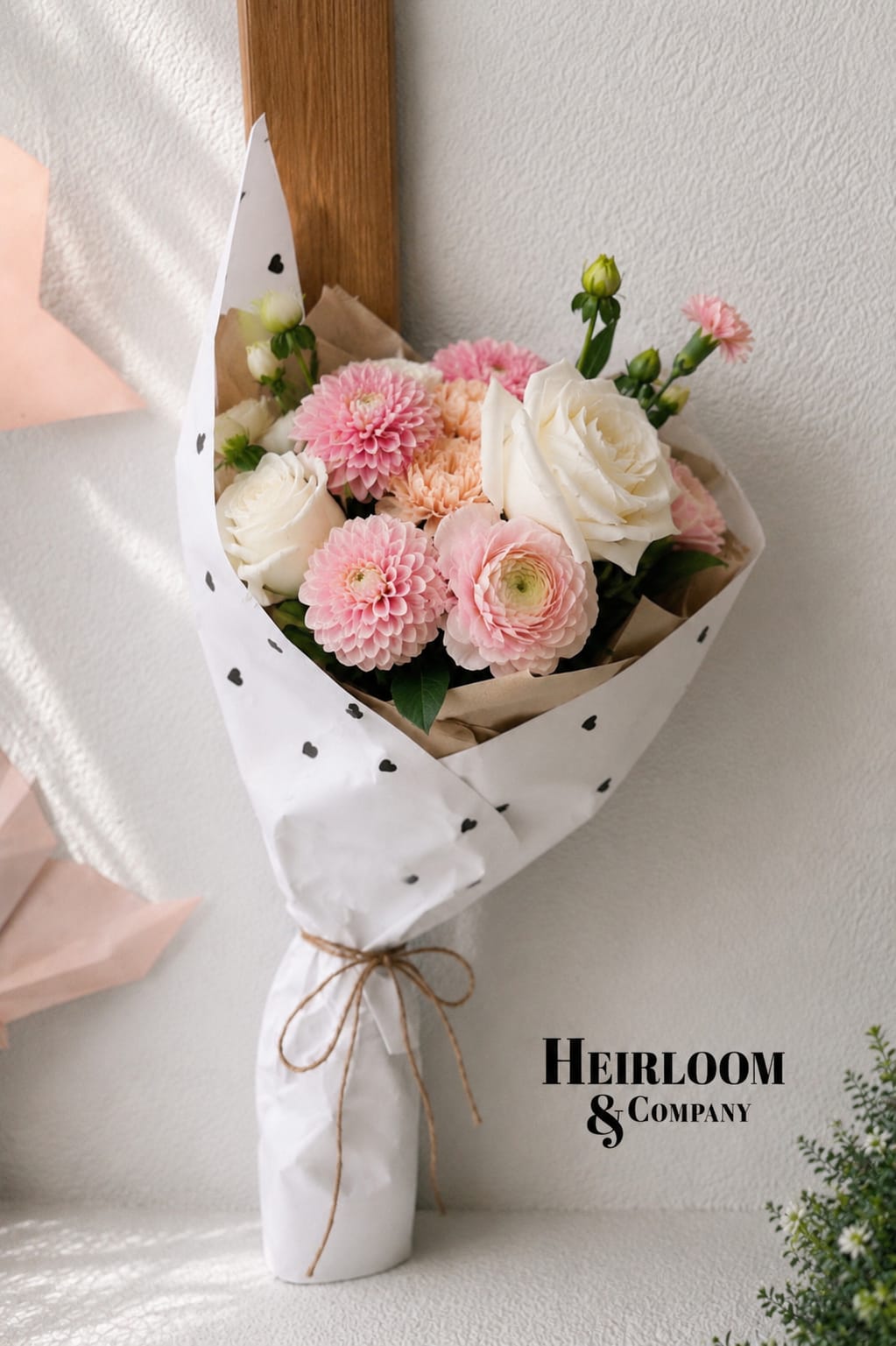 Blush &amp; Ivory Garden Bouquet | Heirloom &amp; Company - Blush &amp; Ivory Garden Bouquet  Delicate, romantic, and effortlessly elegant, our Blush &amp; Ivory Garden Bouquet features a hand-selected collection of premium blooms in soft shades of blush, cream, and ivory. Designed with lush garden-inspired textures and thoughtfully arranged for a naturally abundant look, this bouquet embodies timeless beauty and sophistication.  Each arrangement is handcrafted using the freshest seasonal flowers available and may include roses, ranunculus, dahlias, spray roses, waxflower, and other premium blooms selected by our designers. Wrapped in our signature luxury presentation and finished with a satin ribbon, this bouquet is ready to gift and guaranteed to make a lasting impression.  Perfect for: • Birthdays • Anniversaries • Baby showers • Get well wishes • Mother’s Day • Sympathy and remembrance • Just because  Flower varieties may vary slightly based on seasonal availability while maintaining the overall color palette, style, and value of the arrangement.