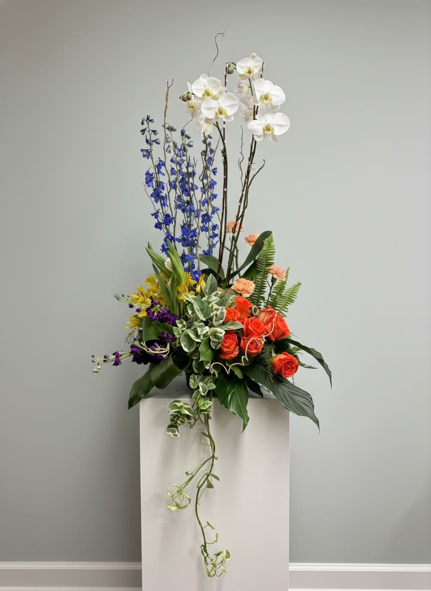 Tall floral arrangement with white orchids, blue delphinium, and orange roses