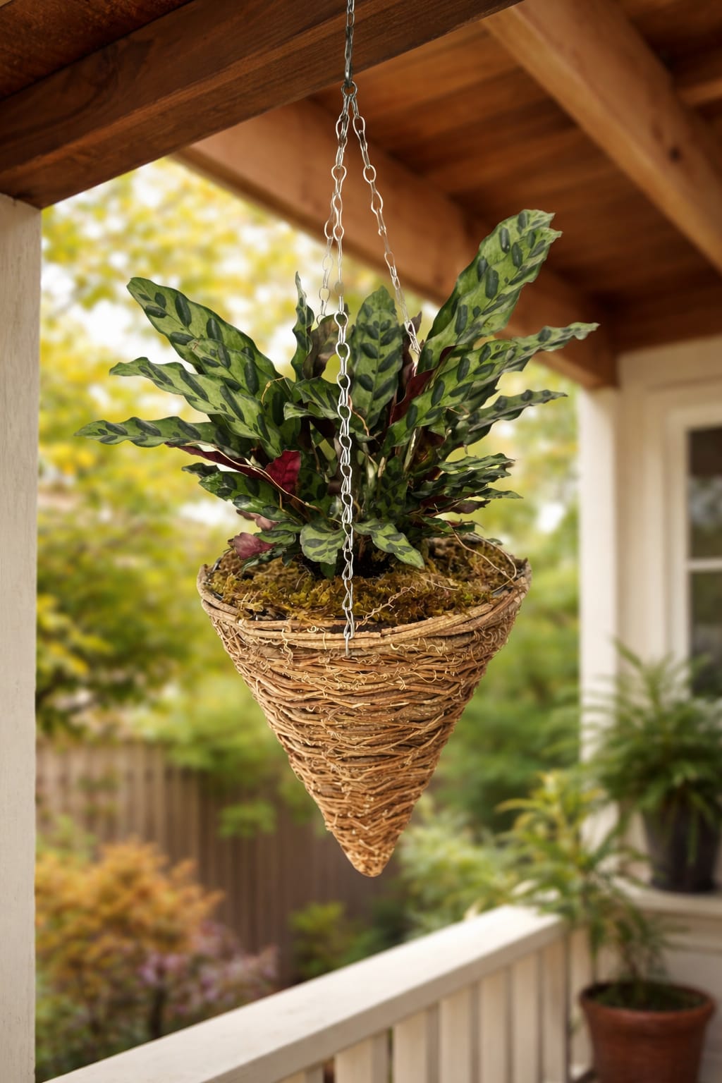 Rattlesnake plant - A bold, textural hanging plant that brings tropical energy to any porch, patio, or indoor space-perfect as a green gift for a housewarming or to brighten someone's day. The rattlesnake plant is presented as a living hanging arrangement, an ideal choice when you want the recipient to feel noticed by a gift that lasts and livens a room.  Long, patterned green leaves with subtle burgundy undersides spill from a cone-shaped woven basket, the darker markings adding visual depth and movement. The basket is suspended by a sturdy metal chain and finished with a layer of trailing moss at the top for a handcrafted, rustic look. No cut flowers here-this is a potted plant display built for hanging.  Give this to someone who loves low-maintenance greenery or needs a stylish focal point for a sunlit corner; it's especially fitting for new homeowners, apartment dwellers, or anyone who appreciates tropical foliage. Hang indoors or on a covered porch; basic care is minimal-bright, indirect light and moderate watering-so the plant keeps rewarding the recipient long after the delivery.