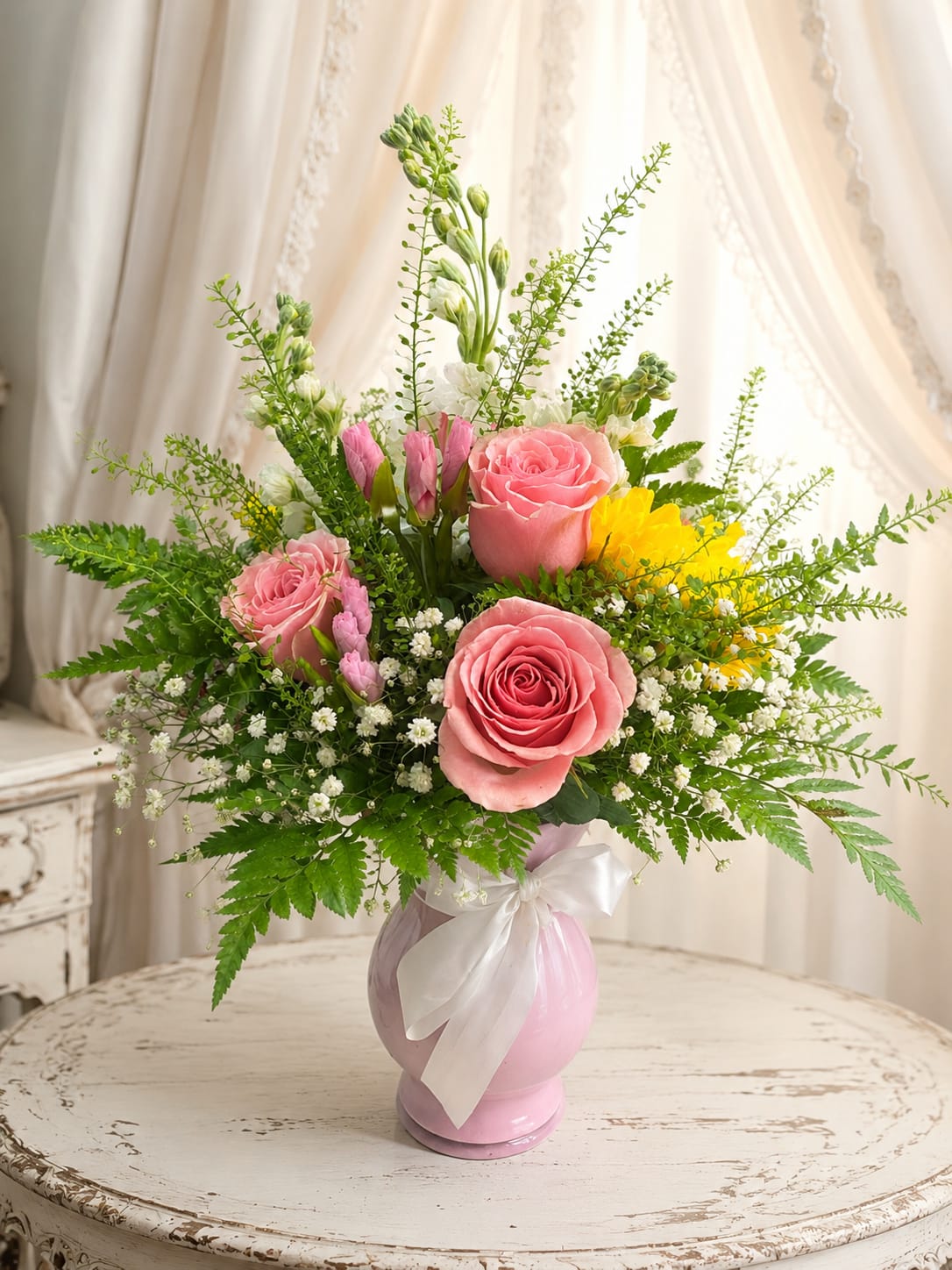 Lace - Soft pink roses take center stage in this romantic flower arrangement, designed as a birthday bouquet or a Mother's Day gift that feels gently celebratory. Upright sprays of pink and white stock and airy clusters of small white filler blooms create a lace-like texture around the focal roses, while bright yellow accents lift the palette and bring a cheerful pop the recipient will notice right away.  The mix includes roses, stock, daisies and other complimentary blooms set among abundant fern-like greenery for a full, garden-style silhouette. The flowers arrive in a glossy pink ceramic vase finished with a white satin ribbon, giving the overall look a polished, feminine touch. Ideal for anniversaries, thank-you moments, or to let someone know you're thinking of them, this arrangement is sized to be a noticeable centerpiece without overwhelming a tabletop; enjoy fresh blooms by trimming stems and changing water every few days.   If any design elements are of major importance to your order, please include them in the florist instructions at checkout or contact us to ensure availability.