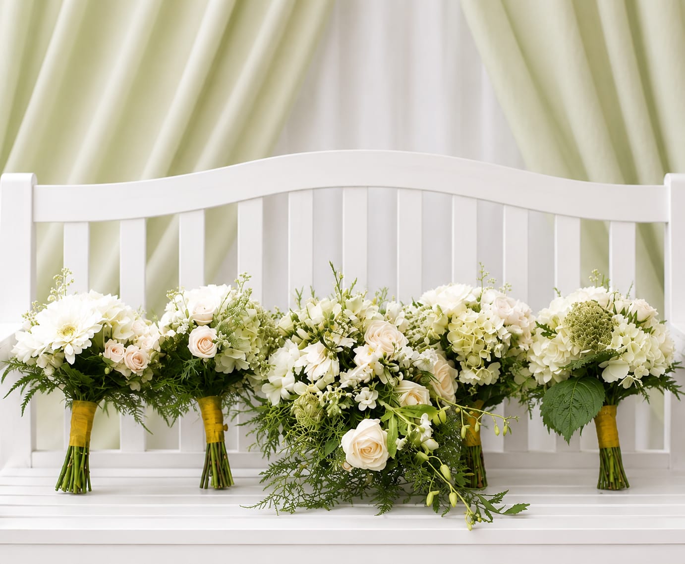 Bride special - Soft cream roses, airy white hydrangeas, and daisy-like blooms are arranged in a light, romantic palette that reads as a bridal bouquet set for wedding use. Perfect for a bride and her attendants, this wedding bouquet collection-pictured lined up across a white bench-creates a cohesive, formal look for ceremonies, rehearsal dinners, or bridal-party photos. The soft greens woven through the arrangements add a fresh, natural contrast that keeps the overall feel elegant rather than fussy.  Each bouquet features rounded clusters of hydrangea-style flowers paired with classic rose heads and delicate daisies; one bouquet shows a gently cascading silhouette for the bride or maid of honor while the others keep a compact shape for bridesmaids. The neutral whites and creams with soft green accents and touches of pale pink make these arrangements versatile with most wedding palettes. These are meant to be used as a coordinated set for the bridal party; please check sizing and quantity options when ordering to ensure you have the right number for your ceremony and photo styling.   If any design elements are of major importance to your order, please include them in the florist instructions at checkout or contact us to ensure availability.