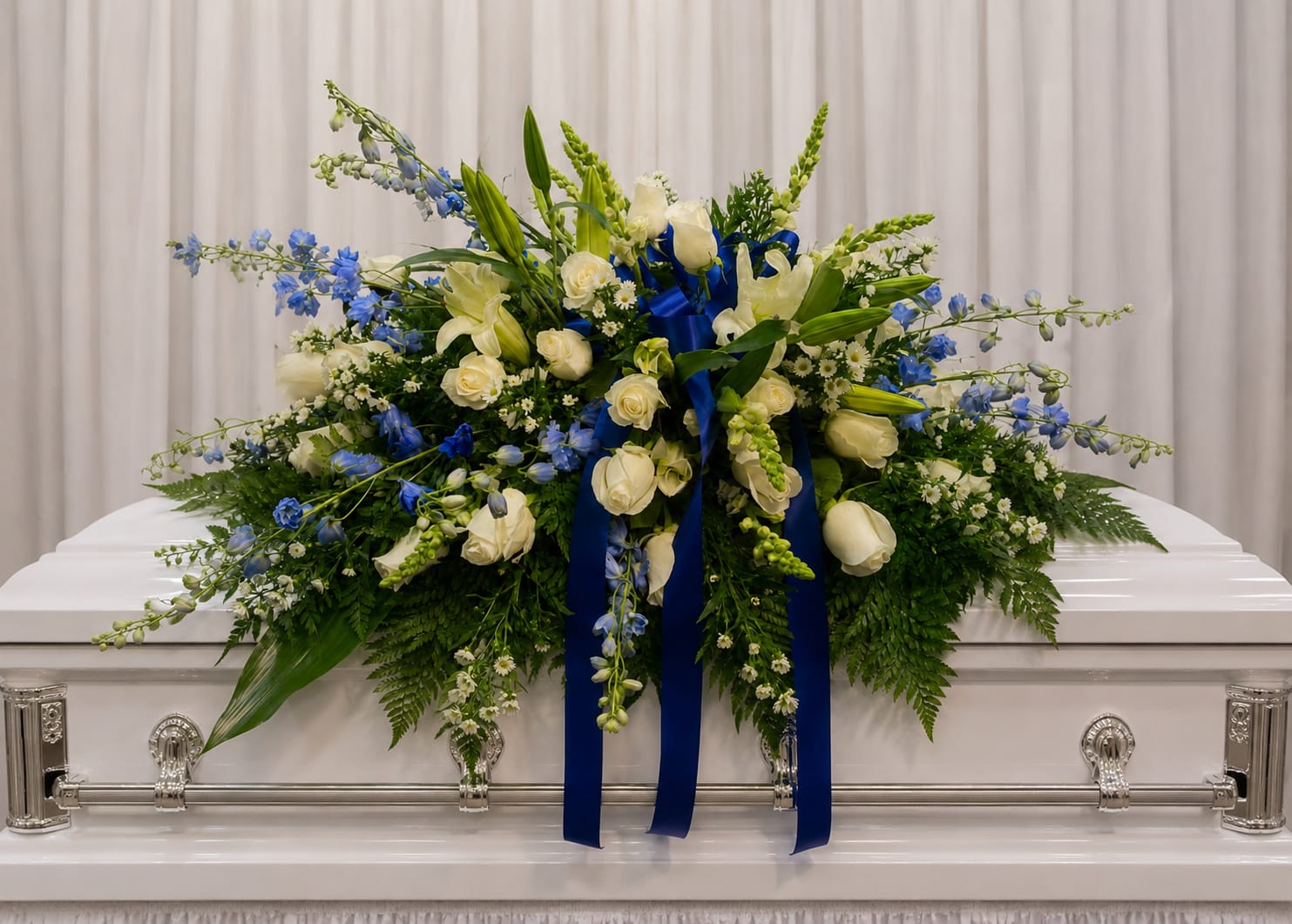 majestic blue - A large, low floral arrangement in calming white, blue, and green tones creates a solemn, reverent focal point for a funeral or memorial service. This funeral flower arrangement features white roses and lilies paired with tall blue delphinium and small white daisy-like blooms, designed to sit gracefully at the front of a church or beside a casket and to offer a quiet, honoring presence for the person you're remembering.  The composition is full and layered, with lush greenery and a blue satin ribbon woven through the blooms for a ceremonial accent. Set the piece conveys formality and respect; its low profile keeps sightlines clear while still delivering visual impact. This is an elegant choice to express sympathy and reverence, arranged to be placed on a memorial table or at the front of a service.   If any design elements are of major importance to your order, please include them in the florist instructions at checkout or contact us to ensure availability.