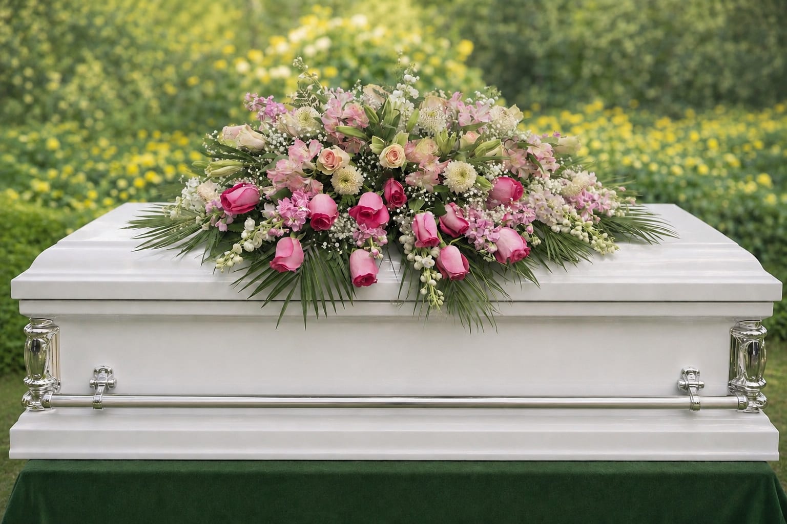 Sweet Sarah Jane  - A lush, low centerpiece made for celebration-this wedding or special event centerpiece spreads across a draped white tablecloth to create an immediate sense of romance and occasion. The Sweet Sarah flower arrangement is a large, formal table arrangement perfect for a wedding reception, anniversary dinner, or any moment you want the person you're honoring to feel truly celebrated.  Soft pink roses and pale lilies take center stage, surrounded by white daisy-like blooms, alstroemeria, and delicate filler flowers in a gentle pink-and-white palette. Broad palm fronds flare outward to give the design graceful movement and a touch of greenery that balances the blooms; the composition reads both lush and refined when placed on a long table. Sized to span a draped table and photographed as a low, wide centerpiece, it's designed for visual impact without blocking conversation.  Made to set a romantic tone for the guest of honor, Sweet Sarah transforms a reception table into a scene that feels intimate and thoughtfully appointed. For event orders, note that this is a large, low spread suited to long tables or a head table-please inquire about exact dimensions and delivery/setup options to ensure the centerpiece fits your venue and tablecloth.   If any design elements are of major importance to your order, please include them in the florist instructions at checkout or contact us to ensure availability.