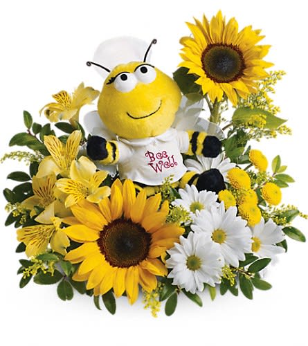 Sunflower bouquet with a bee plush toy and white daisies
