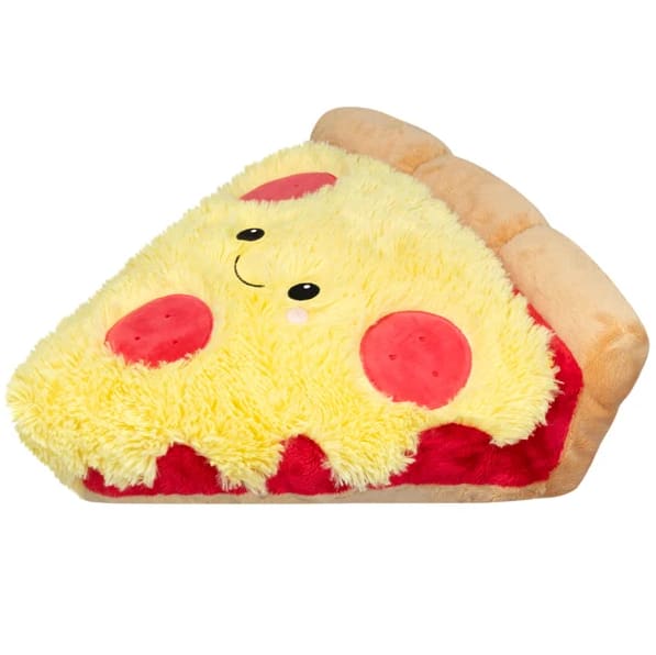 Plush pizza slice toy with a smiling face and red toppings