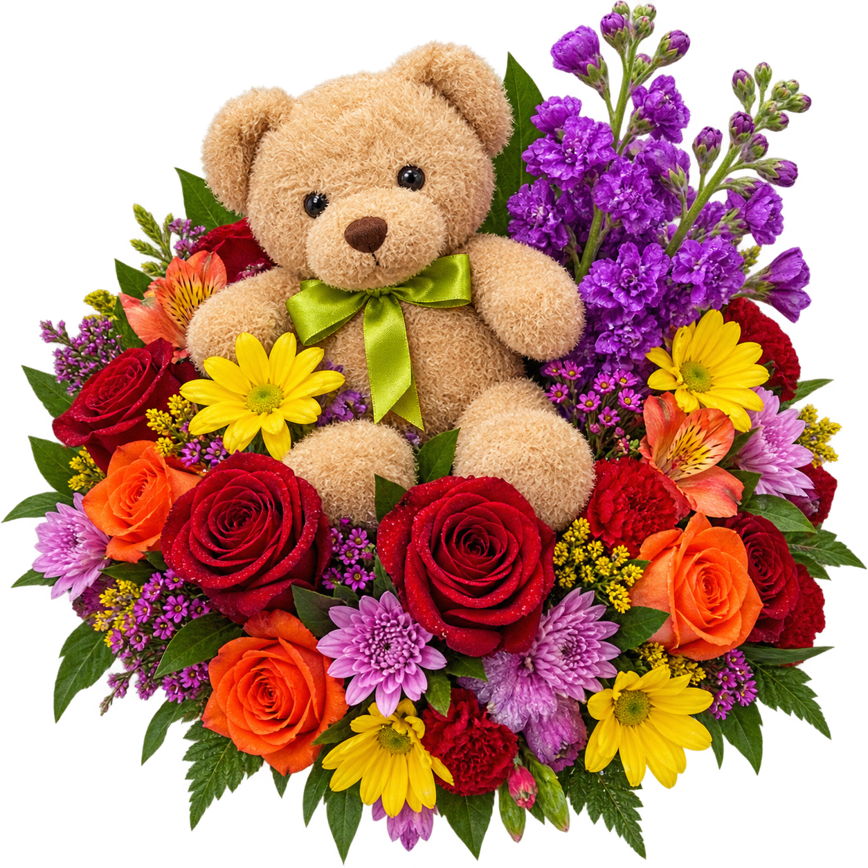 Teddy bear surrounded by colorful roses and daisies