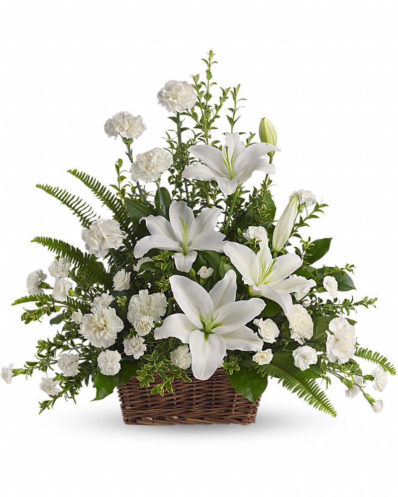 Peaceful White Lilies Basket - Whether you send this beautiful arrangement to the family home or to the service, all will appreciate its elegance and grace. The contrast of brilliant white blossoms and dazzling greenery create a wonderfully calm and dignified setting. Gorgeous flowers such as white lilies, carnations and miniature carnations mix with vibrant greens in a large basket. Simply stunning.