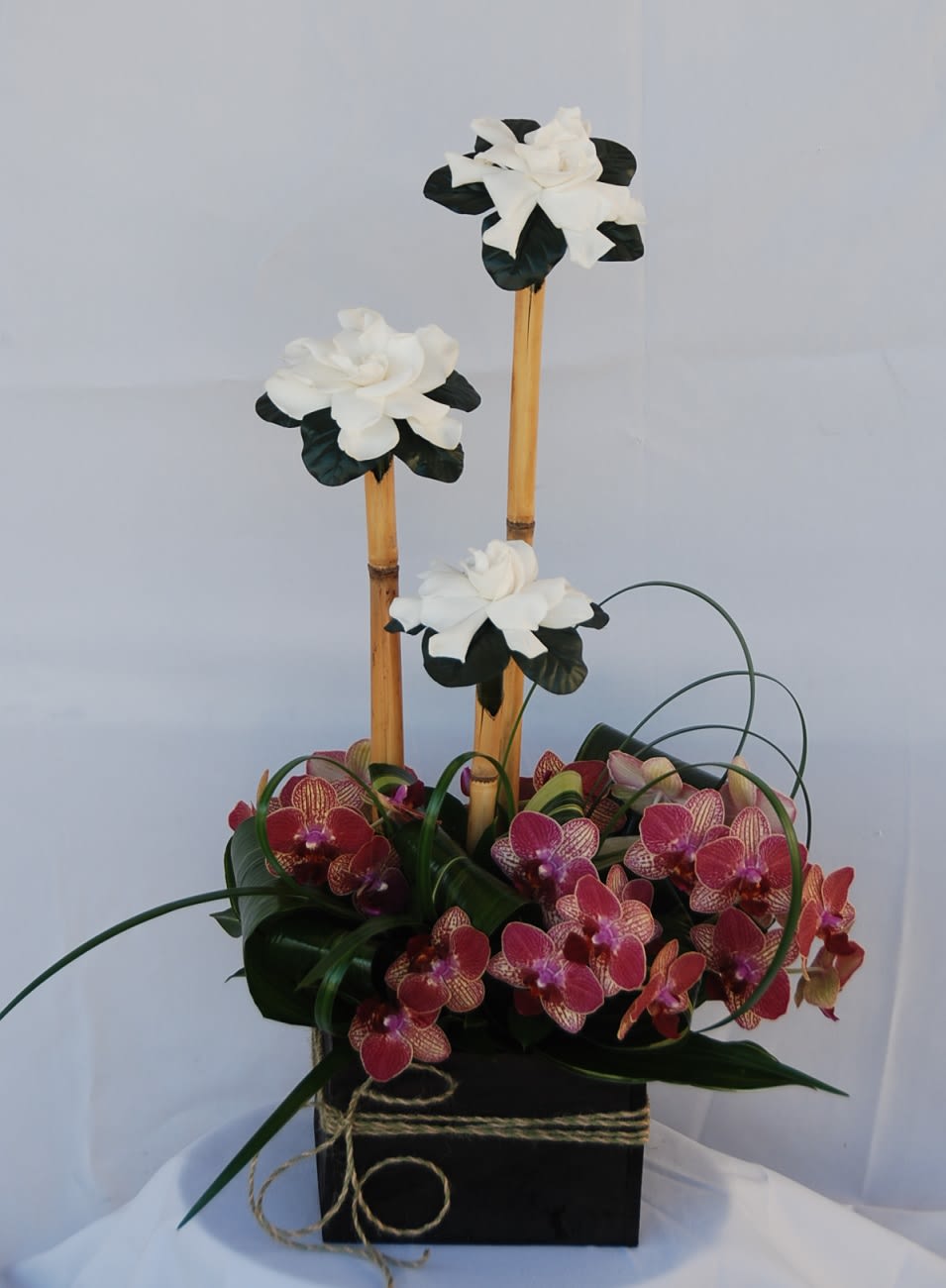 Orchid arrangement in a black box with tall bamboo stems and white blooms