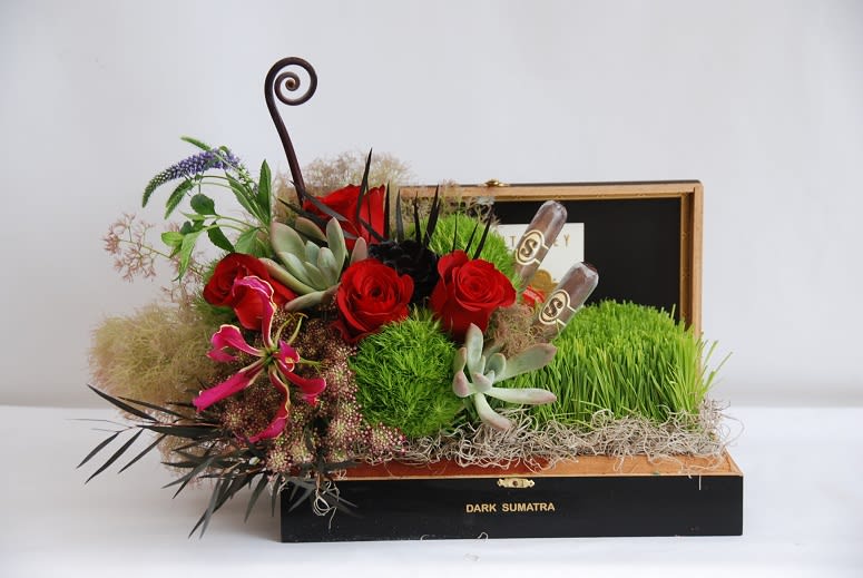 Havana Night  - For our cigar lovers we created an arrangment in cigar box with red roses, gloriosa lily, green dianthus, monkey tail, succulents, and wheat grass. This makes a great gift for men!  