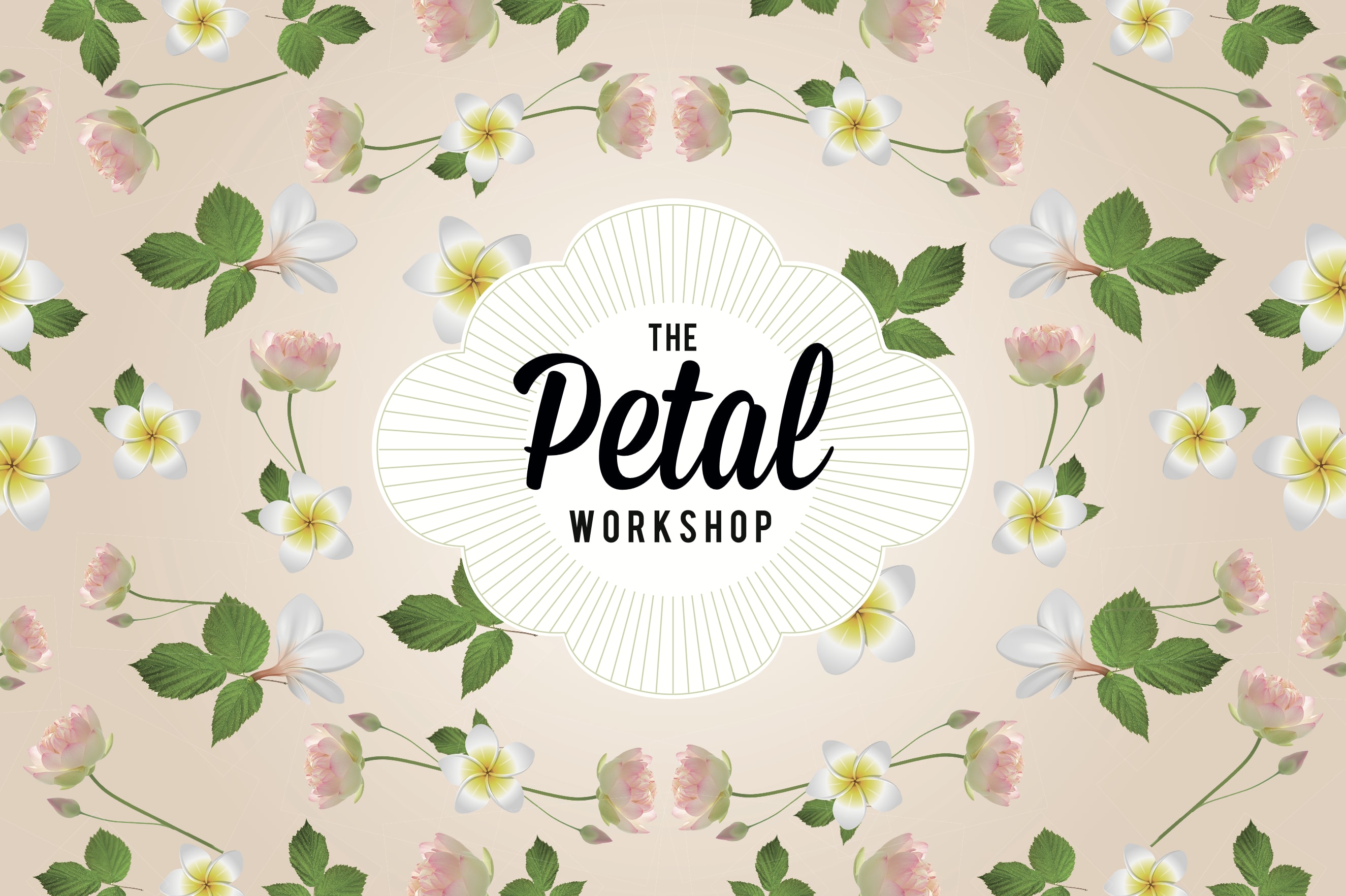 Floral logo with pink blossoms and white-yellow flowers around the text The Petal Workshop