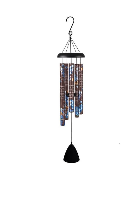 Hanging metal wind chime with printed brown tubes and black top and sail