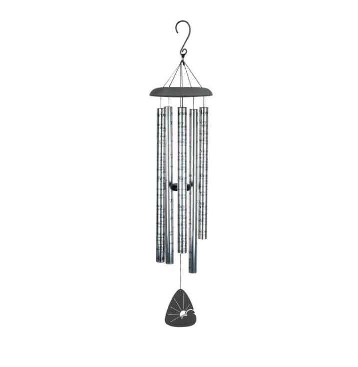 Metal wind chime with silver tubes and black top, hanging hook, and heart sun design sail