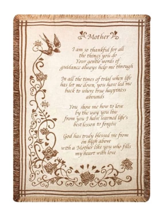 Beige woven throw blanket with a “Mother” poem and brown floral border