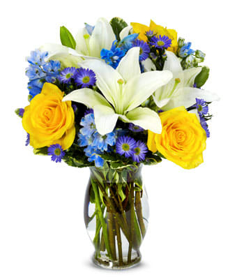 The Bright Blue Skies Bouquet - The gorgeous white Asiatic lilies grab your attention right away, but they only begin to tell the story of this uniquely beautiful bouquet also boasting yellow roses, blue delphinium and purple Monte Casino blooms...all creatively arranged in a fluted vase with a blue satin ribbon. Measures 13"H by 10"L.