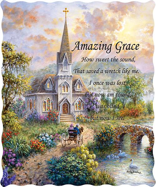 Decorative pillow with a church scene and the words "Amazing Grace"