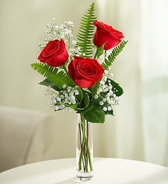 Love's Embrace Roses - THREE RED - Embrace your feelings with a classic gift of long-stem red roses. Displayed elegantly in a glass vase and artistically designed by our select florists, these stunning roses send a memorable message to your special someone that help you express yourself perfectly, no matter what the occasion. Fresh long-stem red roses, artistically arranged by our florists with fresh gypsophila.