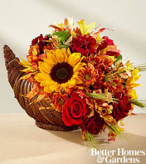 Fall Harvest Cornucopia - Capture the essence of the autumn season with this inspiring and colorful arrangement. Rich red roses, bright and beautiful sunflowers, bronze daisies, yellow Peruvian Lilies, and burgundy carnations are perfectly arranged in a natural cornucopia basket that speaks of harvest traditions and treasured family gatherings with each gorgeous bloom. A wonderful Thanksgiving centerpiece or hostess gift! 