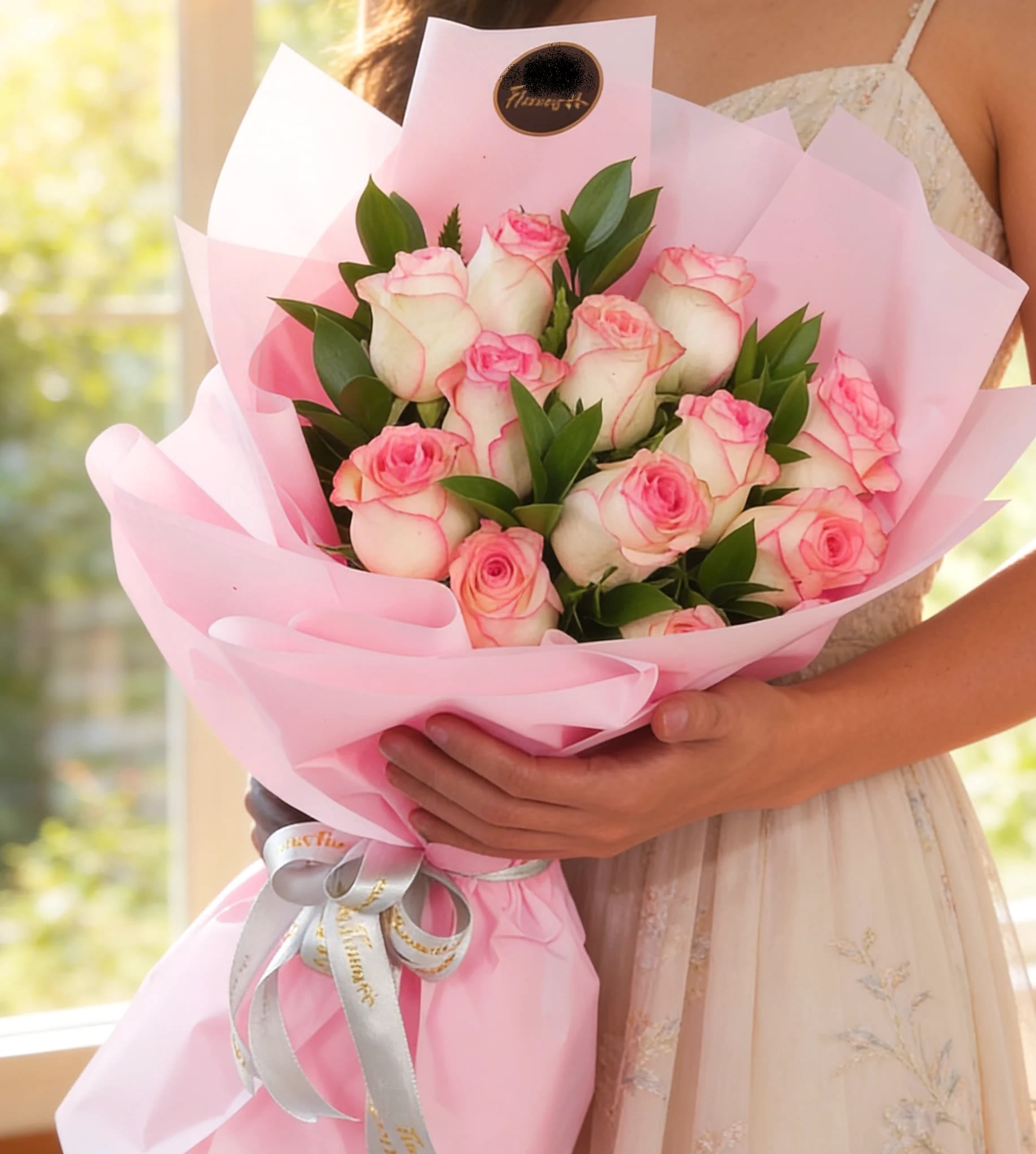 Gratitude Rose wrapped Bouquet - A charming and elegant bouquet featuring 12 beautiful pink roses gracefully accented with fresh green fillers and wrapped in stylish pink wrapping paper. This lovely arrangement radiates warmth, admiration, and gentle affection — making it a perfect gift for birthdays, celebrations, or simply brightening someone’s day.Pink roses symbolize admiration, sweetness, and heartfelt appreciation. Their soft and graceful beauty conveys affection and gratitude, making this bouquet a thoughtful choice for expressing warm emotions and celebrating special moments. 12 Roses. Deluxe:18 Roses. Premium: 24 Roses. 