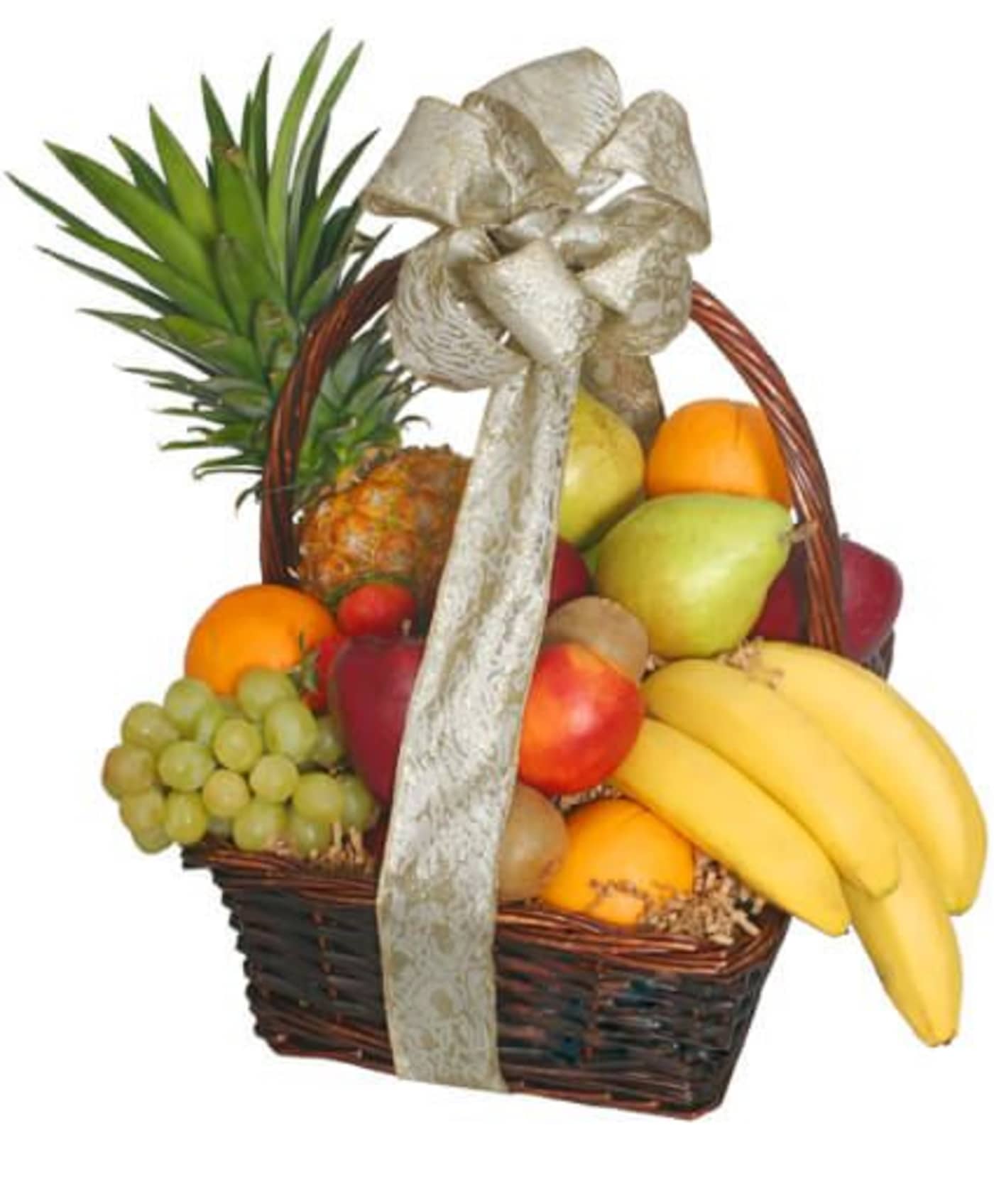 Fruit basket with bananas, grapes, oranges, and a pineapple in a wicker basket