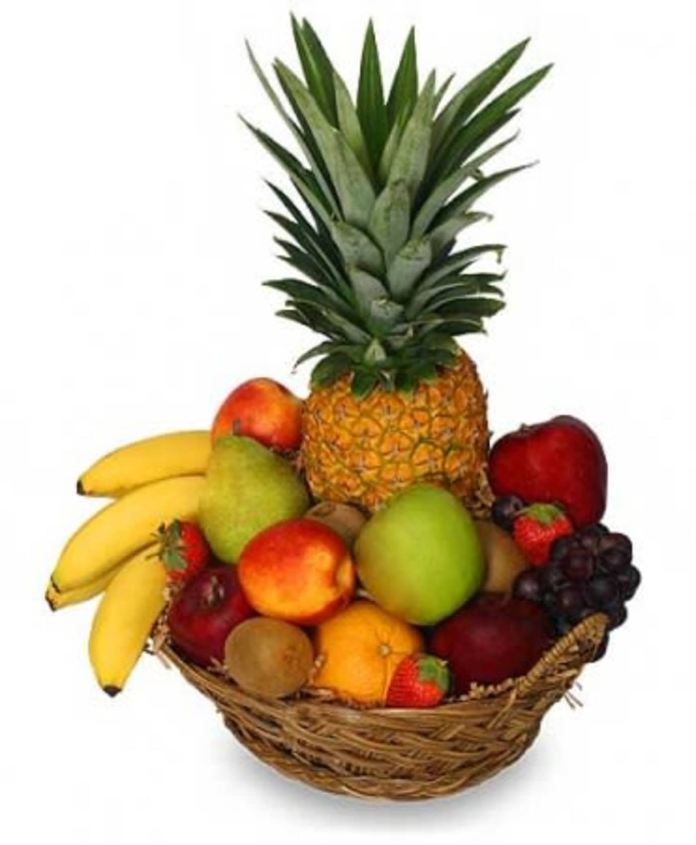 Fruit basket with pineapple, bananas, apples, grapes, and strawberries