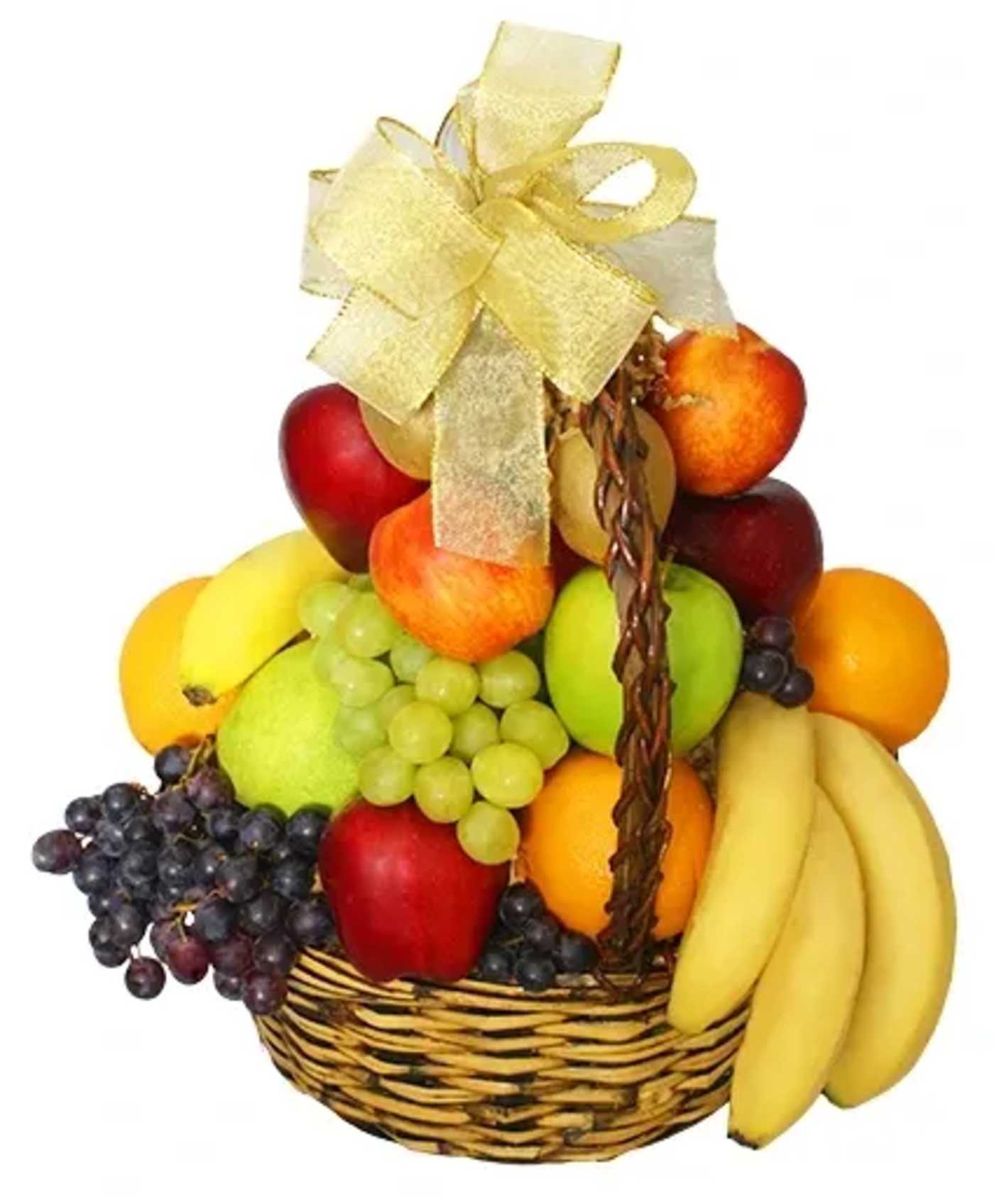 Fruit basket with apples, grapes, bananas, and oranges tied with a gold bow