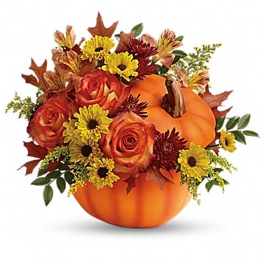 Warm Fall Wishes - Celebrate the beauty of fall with this colorful, heartwarming mix of roses and alstroemeria, hand-delivered in our classic ceramic pumpkin.