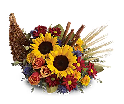 Classic Cornucopia - Celebrate the season of Thanksgiving with this traditional symbol of autumnal abundance. The perfect Thanksgiving table decoration, this beautiful cornucopia is rendered as a horn-shaped wicker basket filled with fall flowers and harvest wheat. Also, ideal for the kitchen counter, coffee table or entryway.