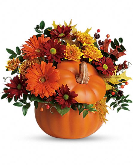 Harvest Pumpkin - Celebrate the beauty of fall with this colorful, heartwarming lush mix of fall colored flowers. Roses and or Gerbera dasies, alstroemeria, yellow daisy chrysanthemums, solidago, huckleberry and oak leaves arranged in a  ceramic pumpkin with lid. Orientation: One-Sided
