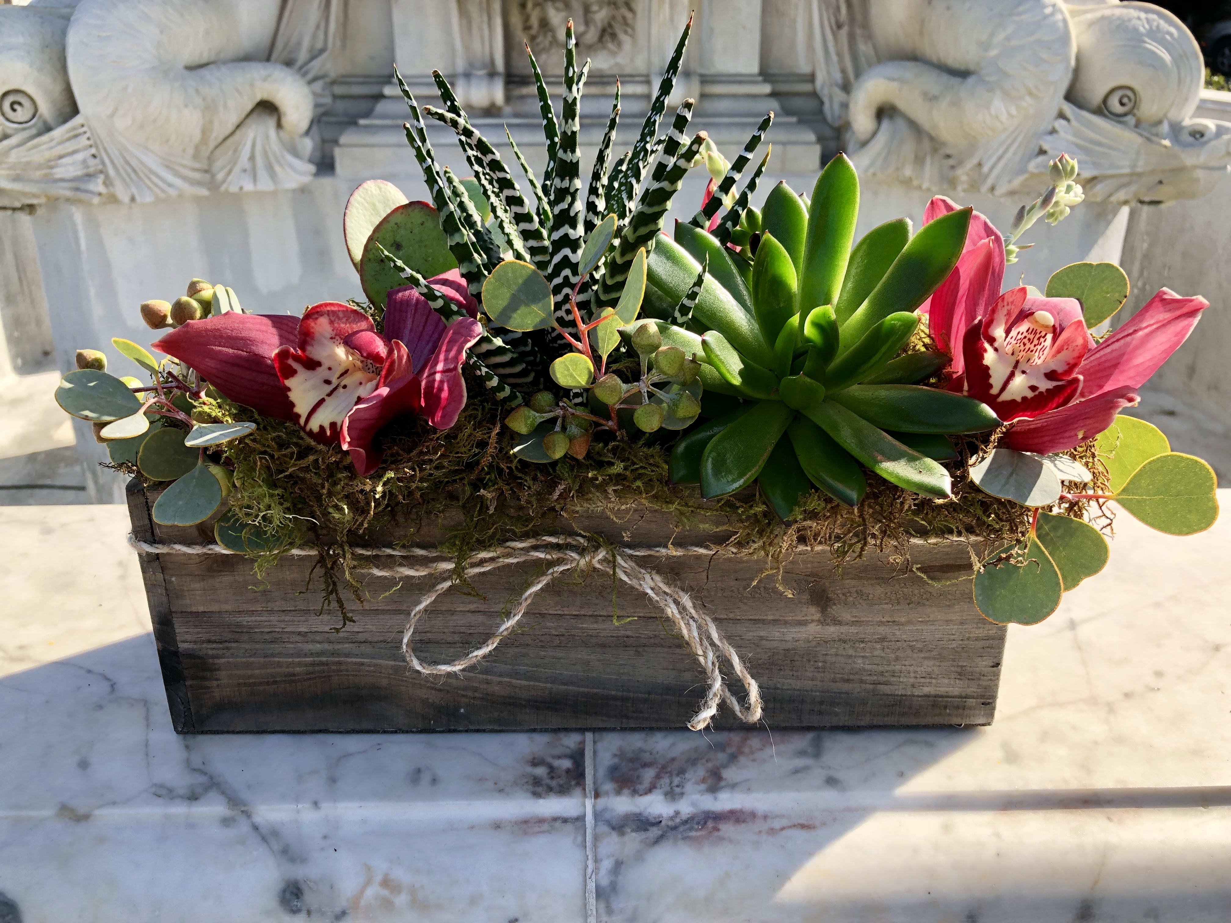 Succulent arrangement with pink orchid blooms in a wooden box