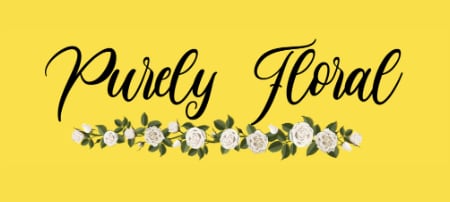 Yellow logo with the words Purely Floral and a floral garland