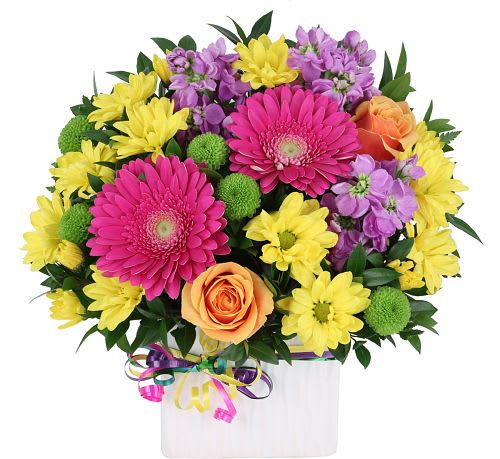 Pure Delight Arrangement - Experience the epitome of joy with our floral masterpiece, "Pure Delight." This exquisite arrangement combines the vibrant energy of bright-coloured gerbera daisies, the timeless elegance of delicate carnations, and the innocent charm of daisies in a delightful spectrum of yellow, pink, peach, and purple hues. Each bloom harmoniously interacts to create a symphony of colours that radiate happiness and positivity. "Pure Delight" captures the essence of life's simple pleasures, making it the perfect gift to brighten someone's day or to add a touch of exuberance to any space.