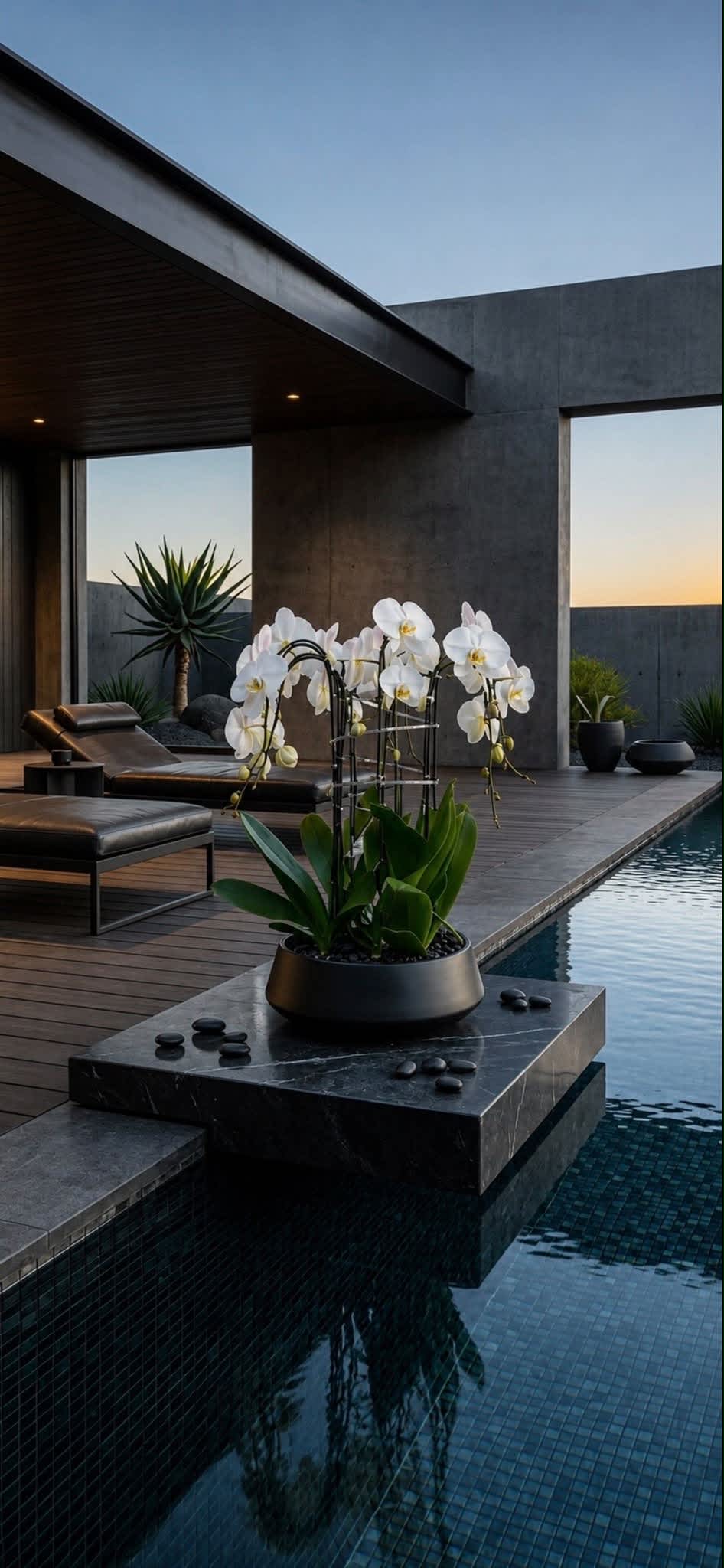 White orchids in a black planter beside a pool